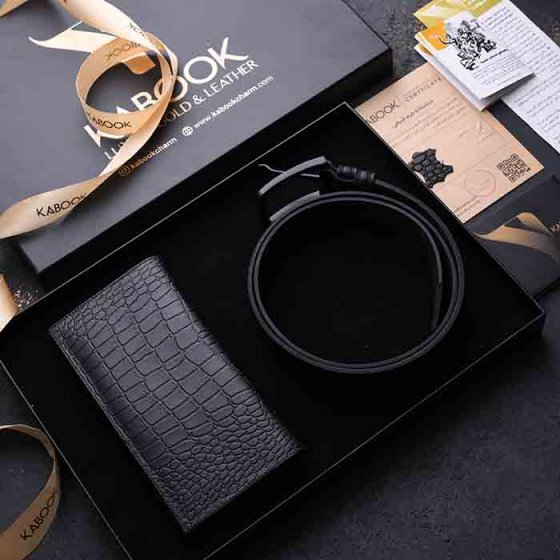 ست هدیه چرم کیف کتی و کمربند مشکی