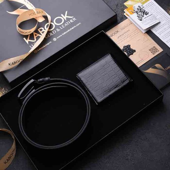 ست هدیه چرم کیف جیبی و کمربند مشکی