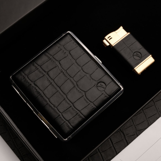 ست هدیه چرم فندک و جعبه سیگار مشکی