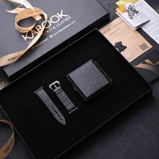 ست هدیه چرم جعبه سیگار و بند اپل واچ مشکی