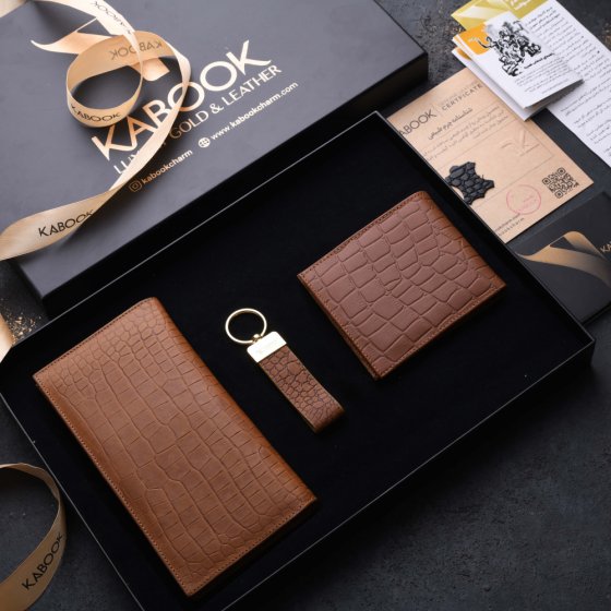 ست هدیه چرم کیف کتی و جاکلیدی و کیف جیبی عسلی