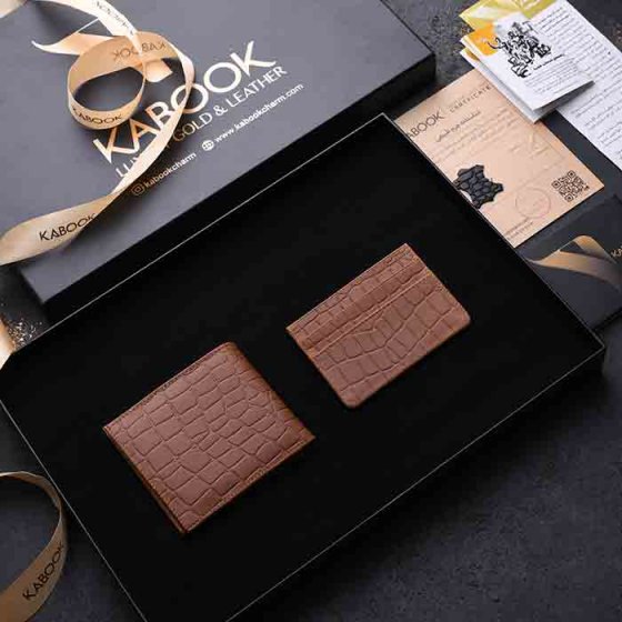 ست هدیه چرم کیف جیبی و کیف کارت عسلی