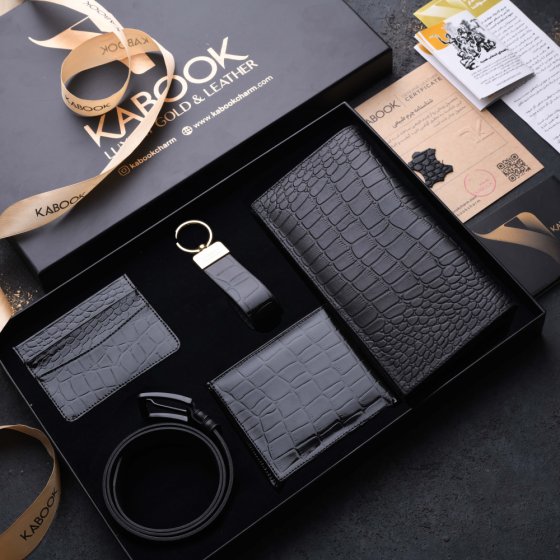 ست هدیه چرم کیف کتی و کیف کارت و کیف جیبی و جاکلیدی و کمربند مشکی