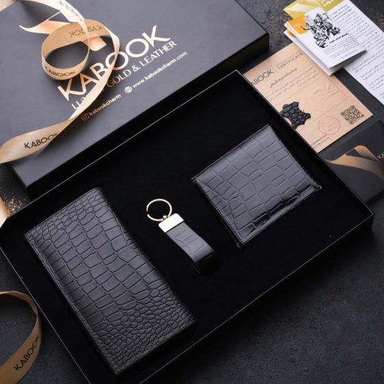 ست هدیه چرم کیف کتی و جاکلیدی و کیف جیبی مشکی