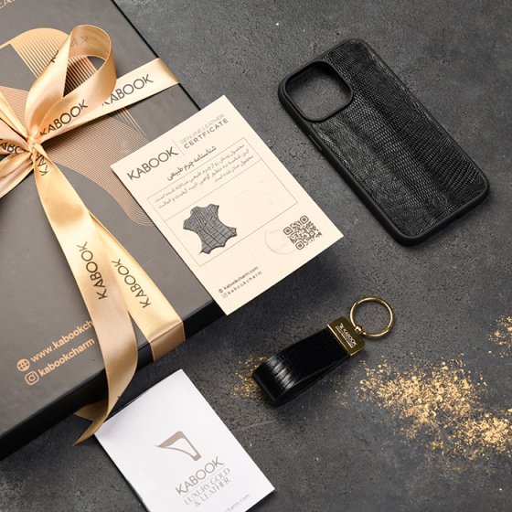 ست قاب موبایل و جاکلیدی چرم مشکی لیزارد