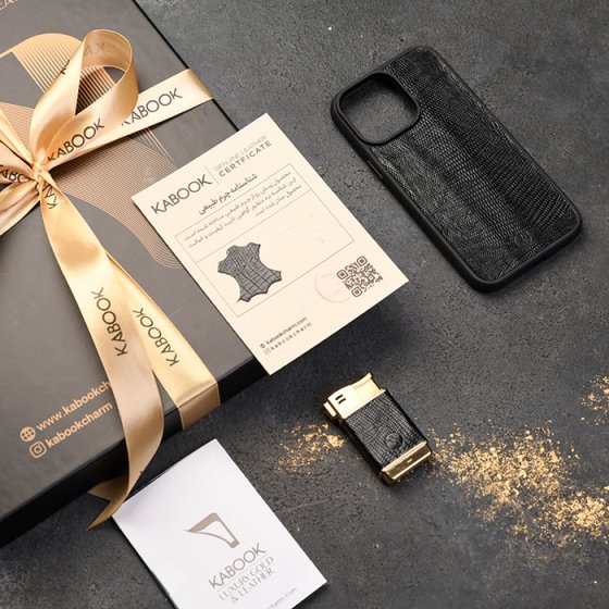 ست قاب موبایل و فندک چرم مشکی لیزارد