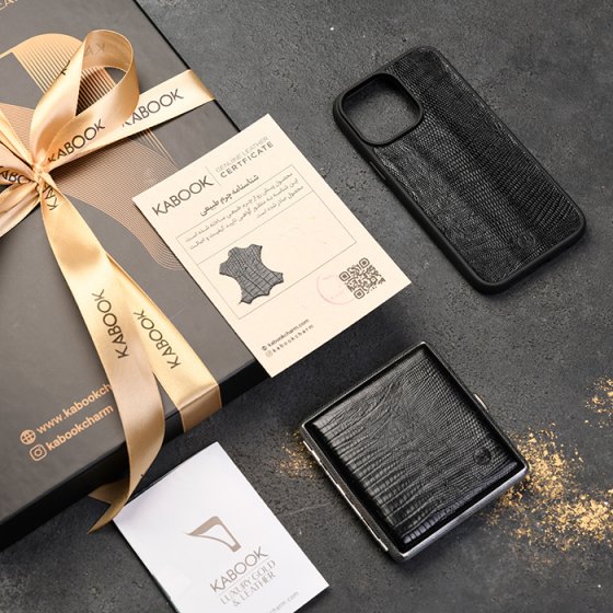 ست قاب موبایل و جعبه سیگار چرم مشکی لیزارد