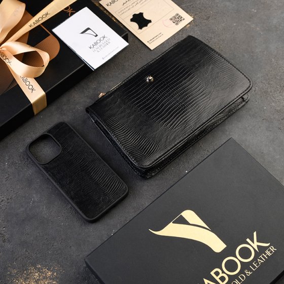 ست قاب موبایل و کیف میلانا زنانه چرم مشکی لیزارد