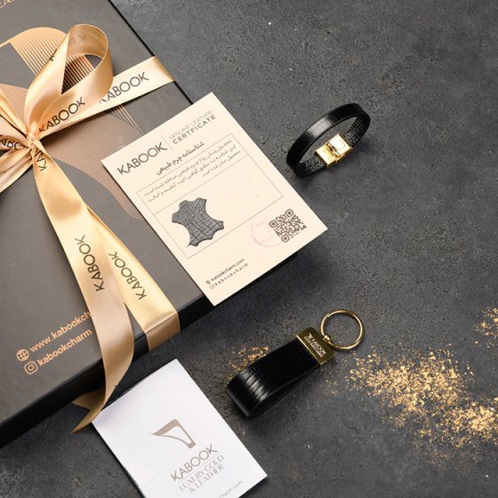 ست دستبند زنانه و جاکلیدی چرم مشکی لیزارد