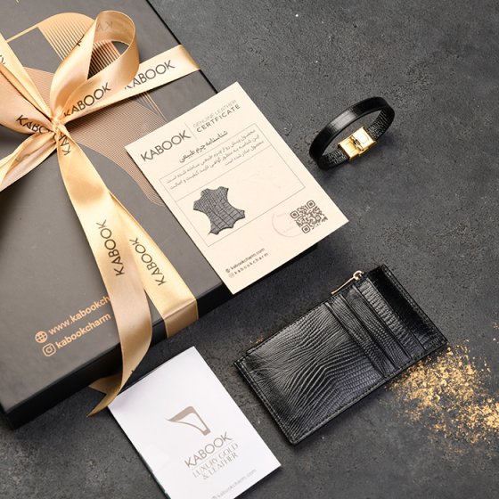 ست دستبند و کیف کارت زیپی زنانه چرم مشکی لیزارد