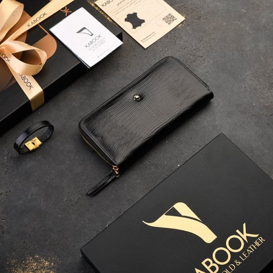 ست دستبند و کیف پول زنانه چرم مشکی لیزارد