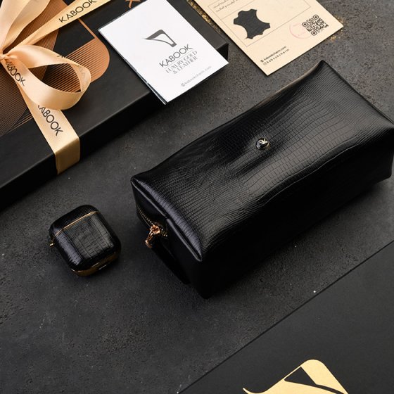 ست ایرپاد و کیف آرایشی زنانه چرم مشکی لیزارد