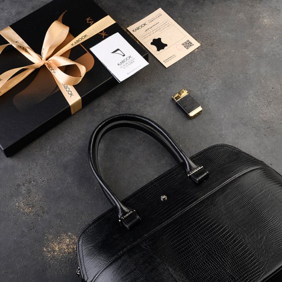 ست فندک و کیف دیوید چرم مشکی لیزارد