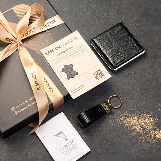 ست جعبه سیگار و جاکلیدی چرم مشکی لیزارد