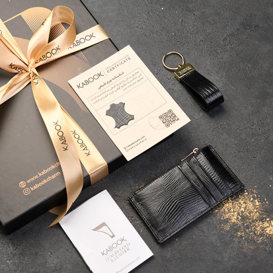 ست کیف کارت زیپی و جاکلیدی چرم مشکی لیزارد