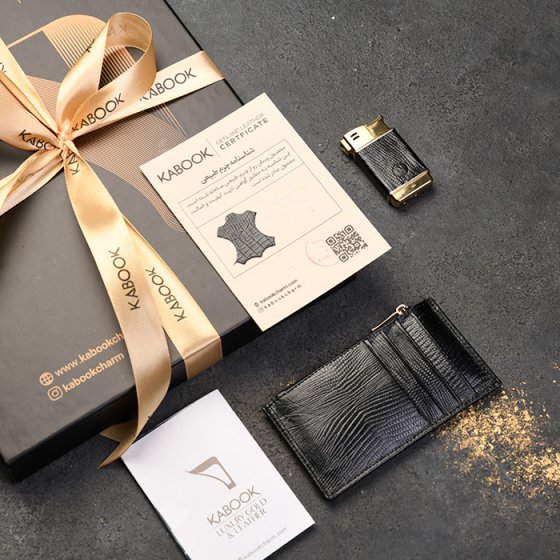 ست کیف کارت زیپی و فندک چرم مشکی لیزارد