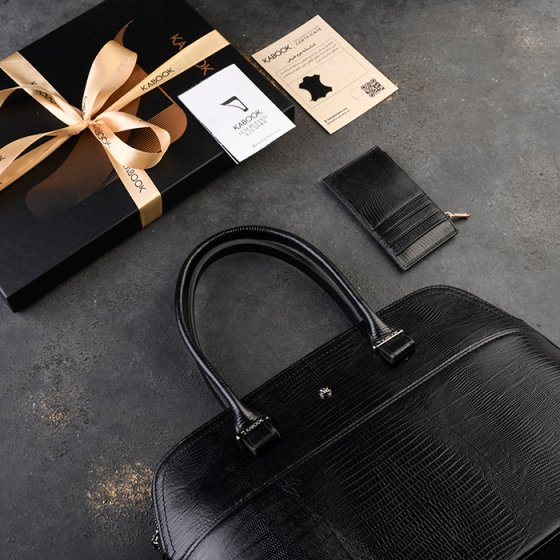 ست کیف کارت زیپی و کیف دیوید زنانه چرم مشکی لیزارد