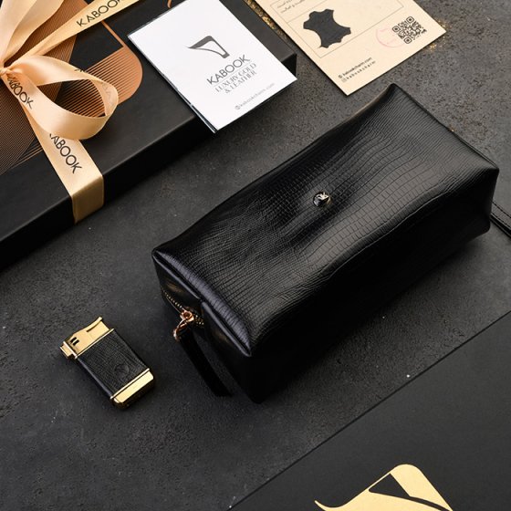 ست کیف آرایشی زنانه و فندک چرم مشکی لیزارد