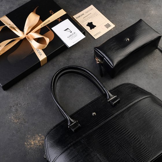 ست کیف آرایشی زنانه و کیف دیوید چرم مشکی لیزارد