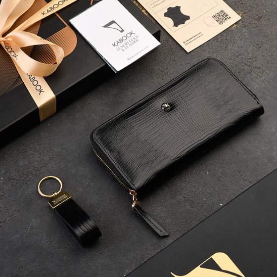 ست کیف پول زنانه و جاکلیدی چرم مشکی لیزارد