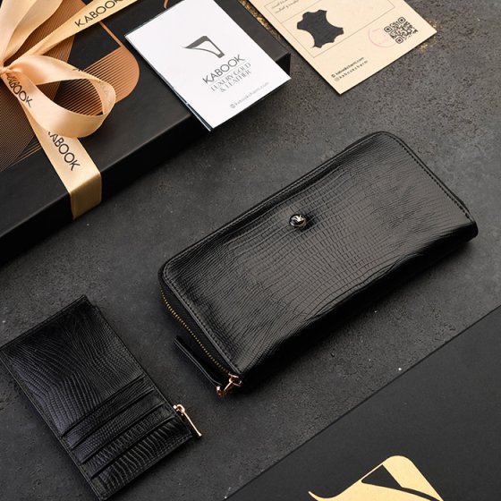 ست کیف پول زنانه و کیف کارت زیپی چرم مشکی لیزارد