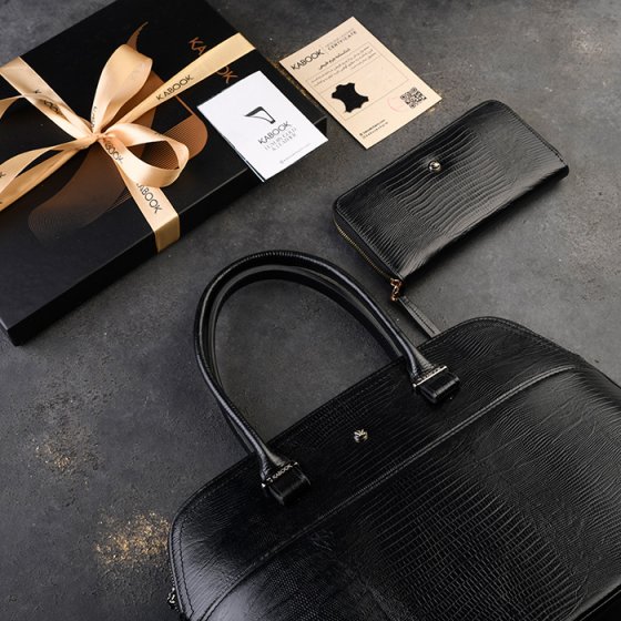 ست کیف پول زنانه و کیف دیوید چرم مشکی لیزارد