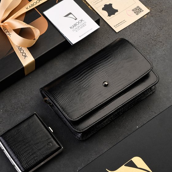 ست کیف آمبر زنانه و جعبه سیگار چرم مشکی لیزارد