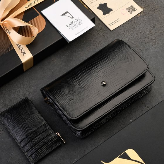 ست کیف آمبر زنانه و کیف کارت زیپی چرم مشکی لیزارد