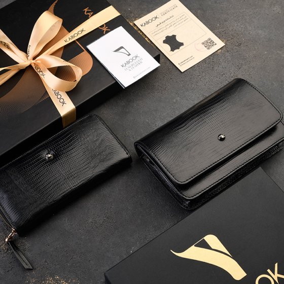 ست کیف آمبر و کیف پول زنانه چرم مشکی لیزارد