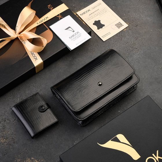 ست کیف آمبر زنانه و کیف کارت 4لت چرم مشکی لیزارد