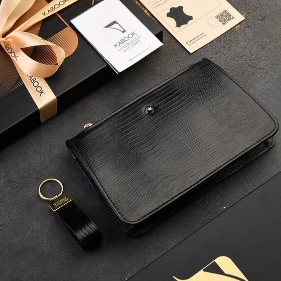 ست کیف میلانا زنانه و جاکلیدی چرم مشکی لیزارد