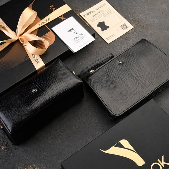 ست کیف میلانا و کیف آرایشی زنانه چرم مشکی لیزارد