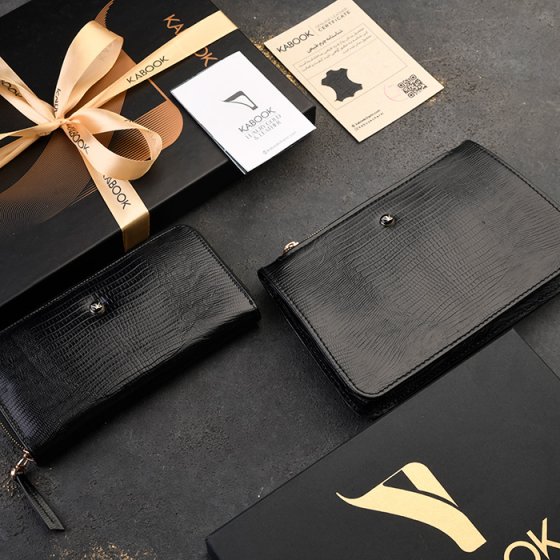 ست کیف میلانا و کیف پول زنانه چرم مشکی لیزارد