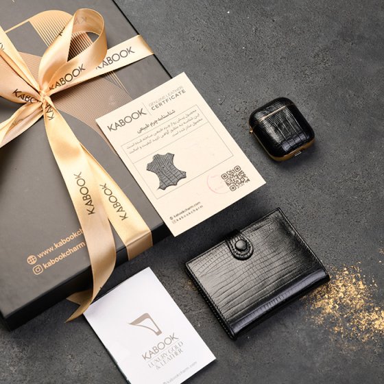 ست کیف کارت 4لت و قاب ایرپاد چرم مشکی لیزارد