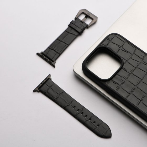 ست قاب و بند اپل واچ چرم مشکی کروکودیلی