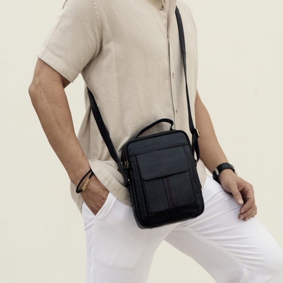 کیف کراس بادی مردانه طرح سیاوش چرم مشکی فلوتر