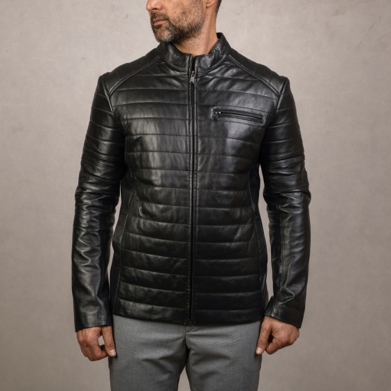 کاپشن چرم مردانه طرح بکام خطی مشکی