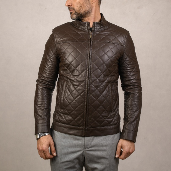 کاپشن چرم مردانه مدل کینگ لوزی قهوه ای