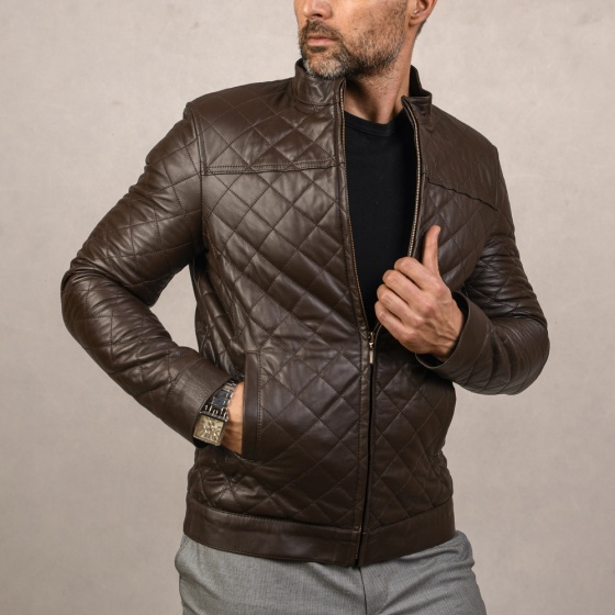 کاپشن چرم مردانه مدل کینگ لوزی قهوه ای