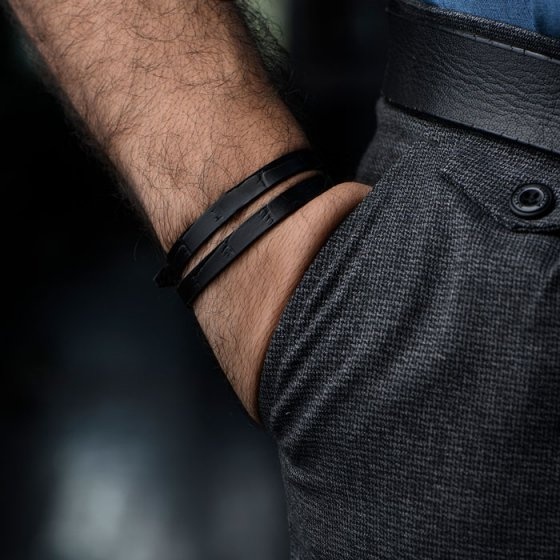 دستبند چرم دو دور کروکودیل مشکی