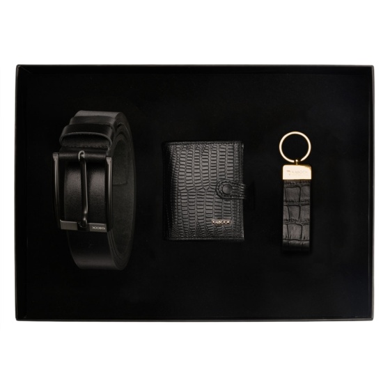 ست هدیه چرم کمربند و جاکلیدی و کیف کارت 4لت مشکی