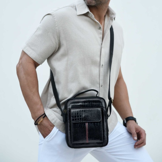 کیف کراس بادی مردانه طرح سیاوش چرم مشکی کروکودیل