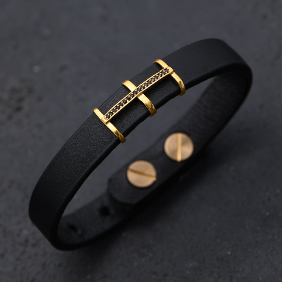 دستبند مردانه طلا چرم طرح پریما